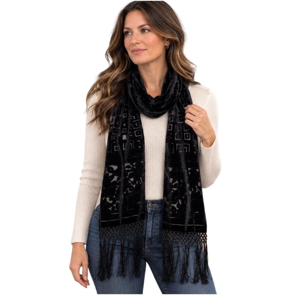 Black Silk Velvet Burnout Scarf Womens 80x9 Evening Boho Neck Wrap